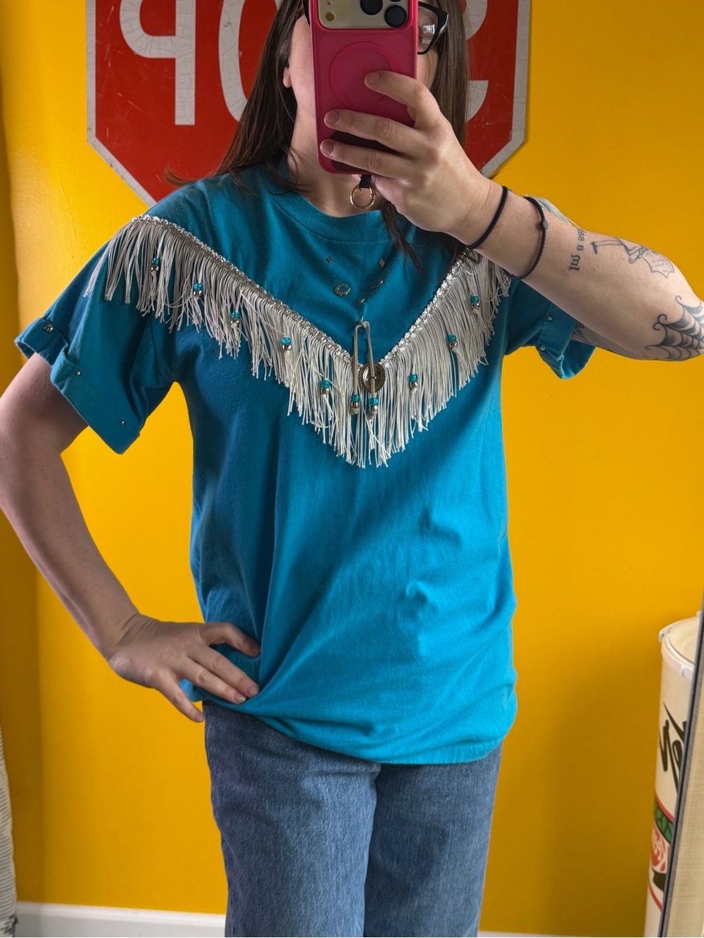 Hazelwood Vintage Blue Fringe T-Shirt 1980s cowboy rodeo blouse
